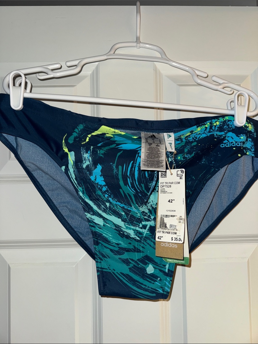 adidas Men’s Navy Teal Swim Briefs with Aqua Wave Print